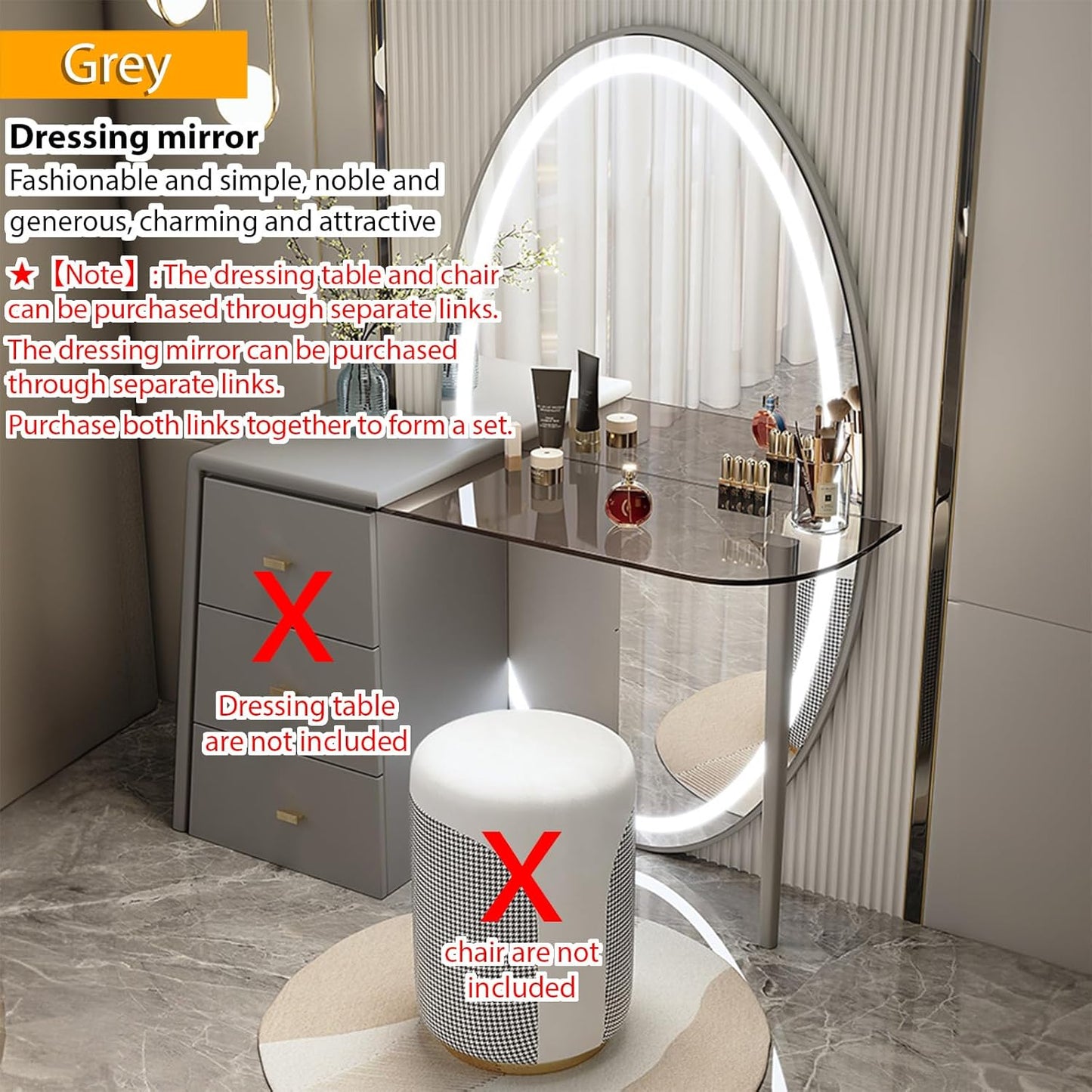 Generic Dressing table with 3 drawers, makeup mirror with LED lighting, Integrated floor-to-ceiling mirror-Grey-120 * 40cm【Dressing table + benches】