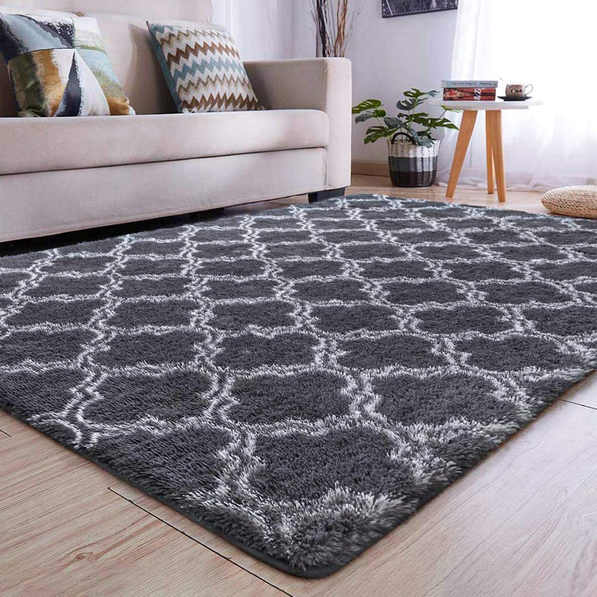 Tinyboy-hbq Area Rugs Shaggy Carpet for Living Room Bedroom Large Fluffy Carpet Modern Non-Slip Mat Multisize Rug Indoor Home Decor (Gray White, 80 x 120 cm)