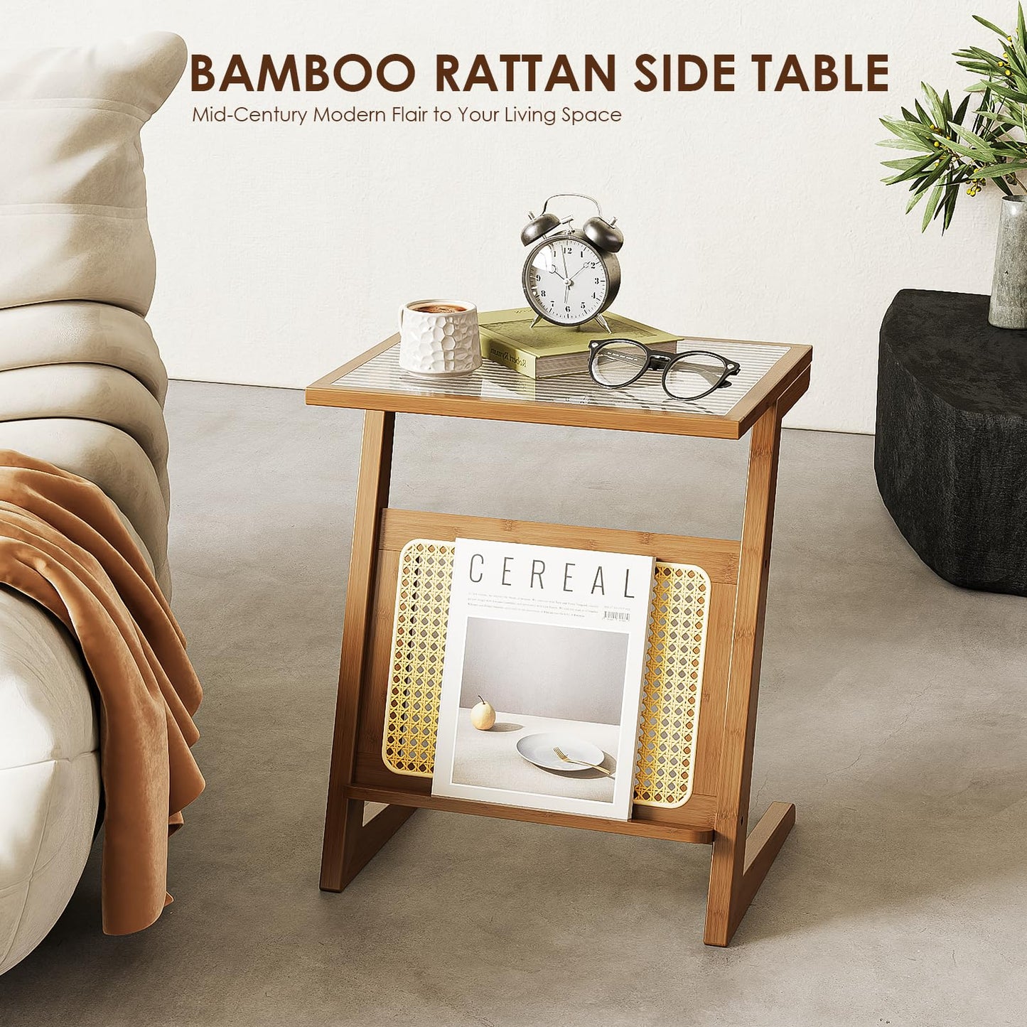 Bamworld Rattan Side Table Boho NightStand Mid Century Modern End Table Glass Bedside Table Small End Tables Bamboo Coffee Table with Storage for Living Room Bedroom, Bamboo Brown (A1)