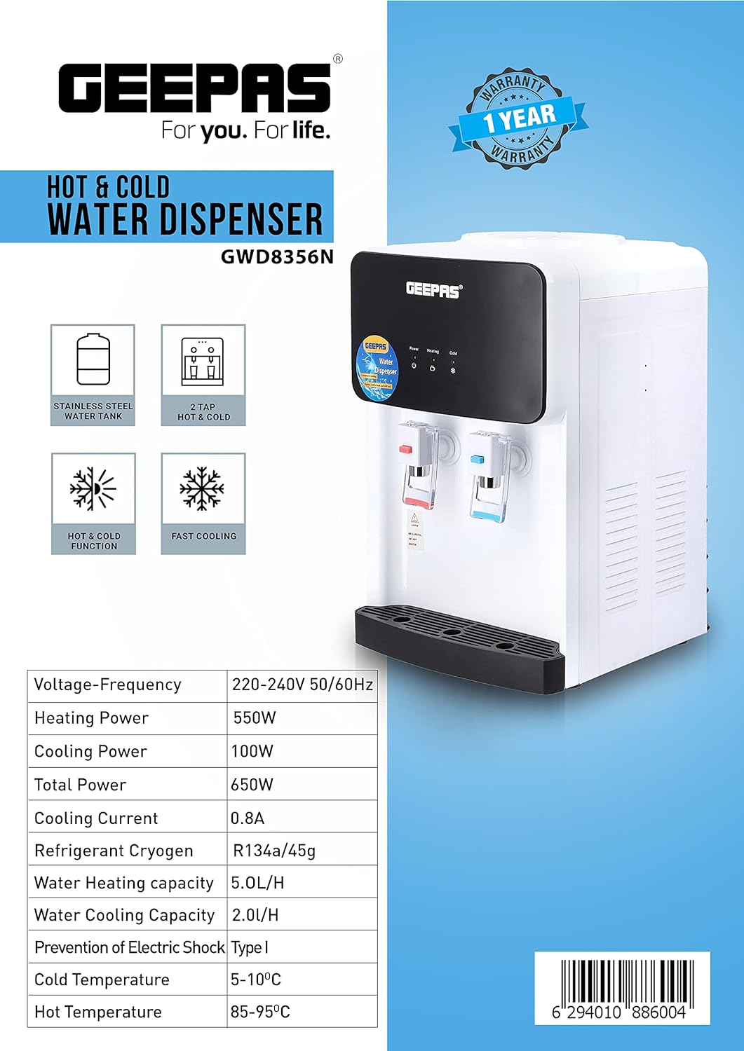 Geepas GWD8356 Hot & Cold Water Dispenser| with Stainless Steel Tank-With Fast Cooling And 2 Taps, Hot And Cold |1 year warranty