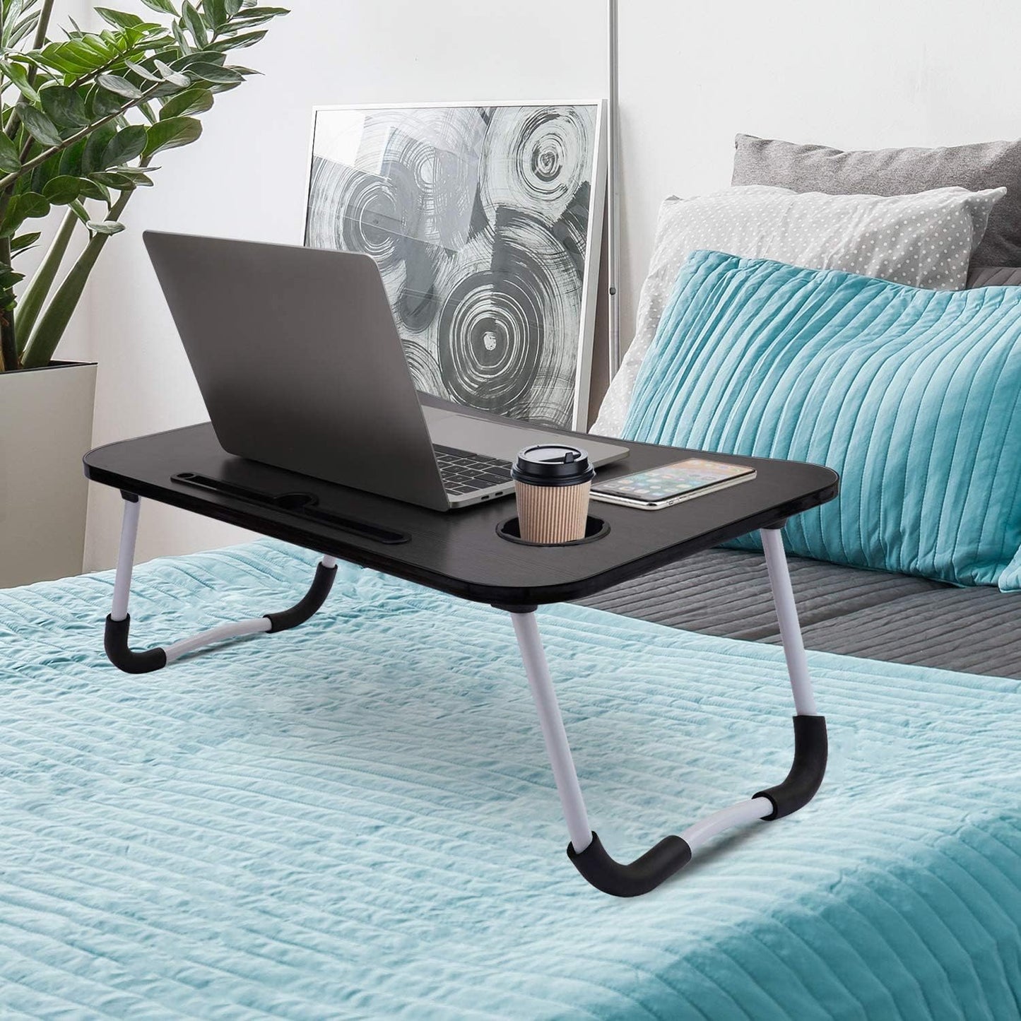 SKY-TOUCH Portable Folding Laptop Desk for Bed，With iPad and Cup Holder Adjustable Lap Tray Notebook Stand， Foldable Non-Slip Legs Reading Table Tray for working，studying，camping 60x40x28cm Black