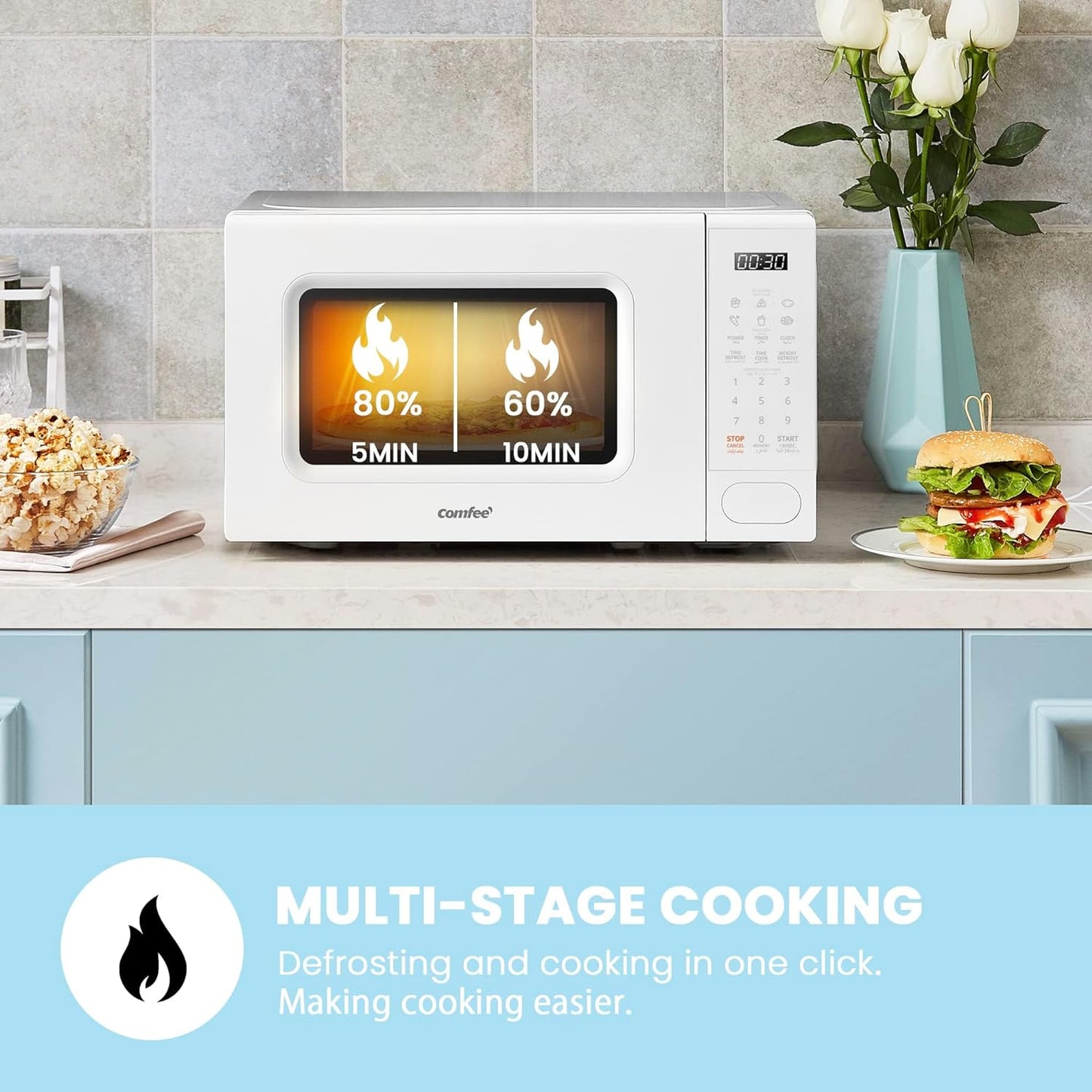 COMFEE' Microwave Oven 20L 700W Digital Touch Control, Precise Timer,LED Screen, 11 Power Levels, 6 Auto Menu Memory Function, Safe Child Lock, Push Button Door Open Solo Microwave-CM-M202CC(WH)-White