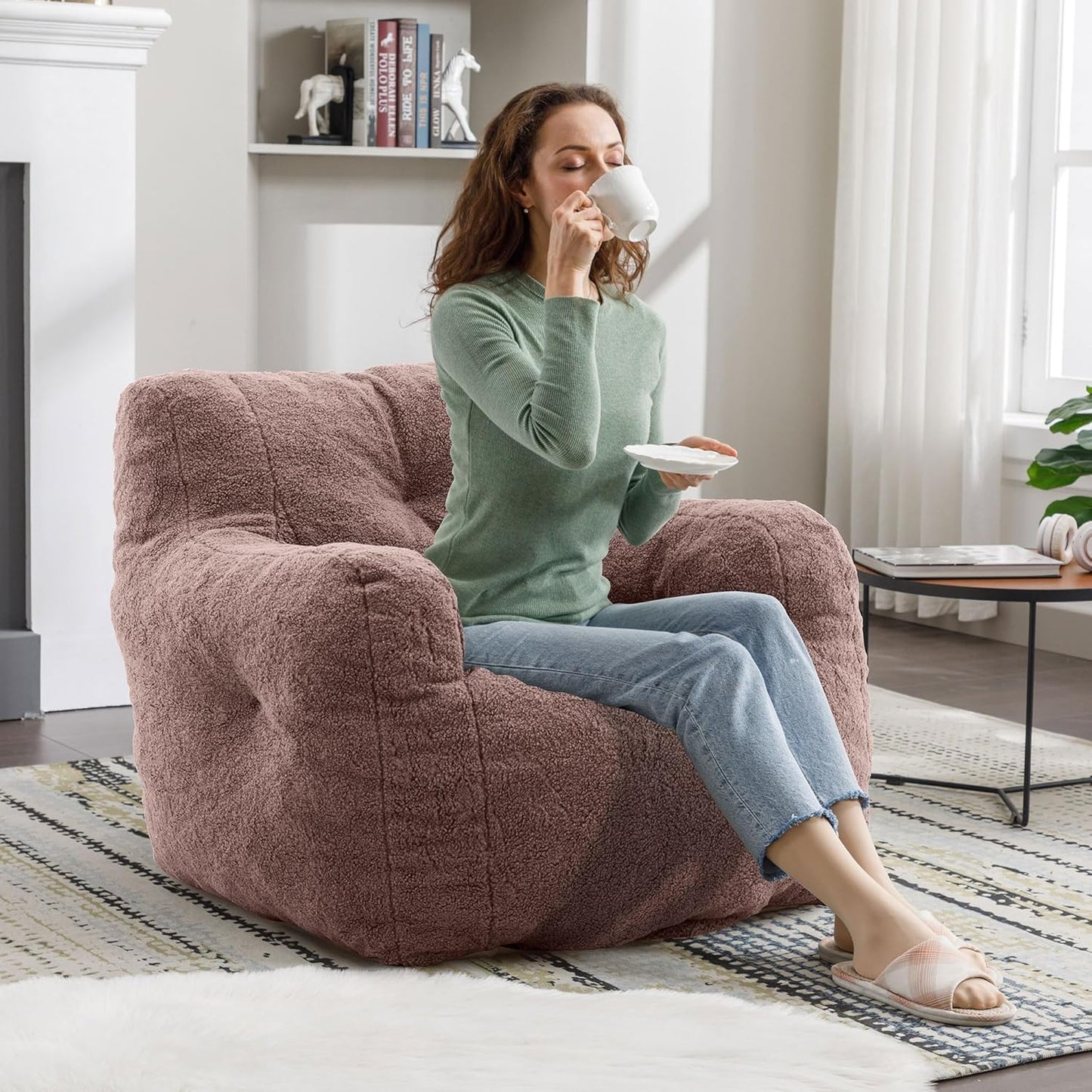 Recaceik Bean Bag Chairs, Tufted Soft Stuffed Bean Bag Chair with Filler, Fluffy Lazy Sofa, Imperial Lounger Giant Bean Bag Chair for Bedroom, Living Room, Dark Black