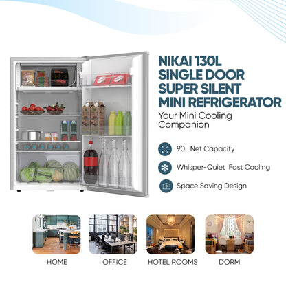 Nikai 135L Gross/88L Net, Small Double Door Mini Refrigerator with Vegetable Crisper & Adjustable Glass Shelves, Defrosting, Mini Fridge for Home, Kitchen, Bedroom, Office & Hotels NRF135DDS Silver