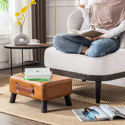 Small foot stool ottoman, Beige PU leather rectangle ottoman footrest, bedside step stool with wood legs, small Rectangular stool, foot rest for couch, small ottoman for desk, living room, bedroom