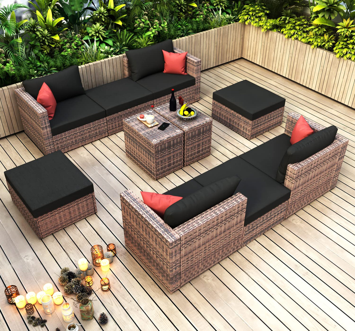 Goohome, Conversation Patio Set, 10 Pieces Wicker Outdoor Sectional Sofa with Black Cushions and Red Pillows,w/Furniture Protection Cover, for Backyard Lawn Garden, Brown