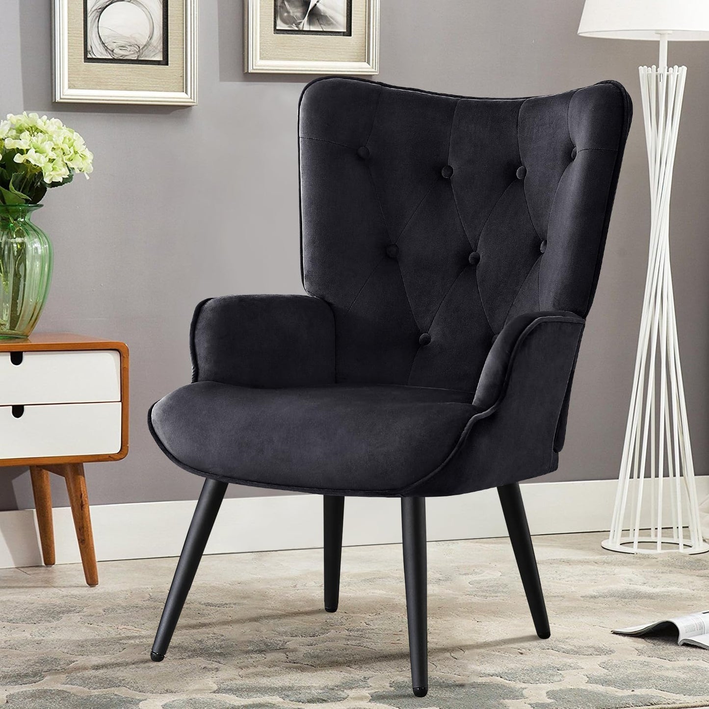 Furniliving Velvet Accent Chair Modern Upholstered Side Armchair with Tapered Legs Tufted Button Wingback Sofa Chairs Tall Back Reading for Living Room Bedroom Waiting Room, Black