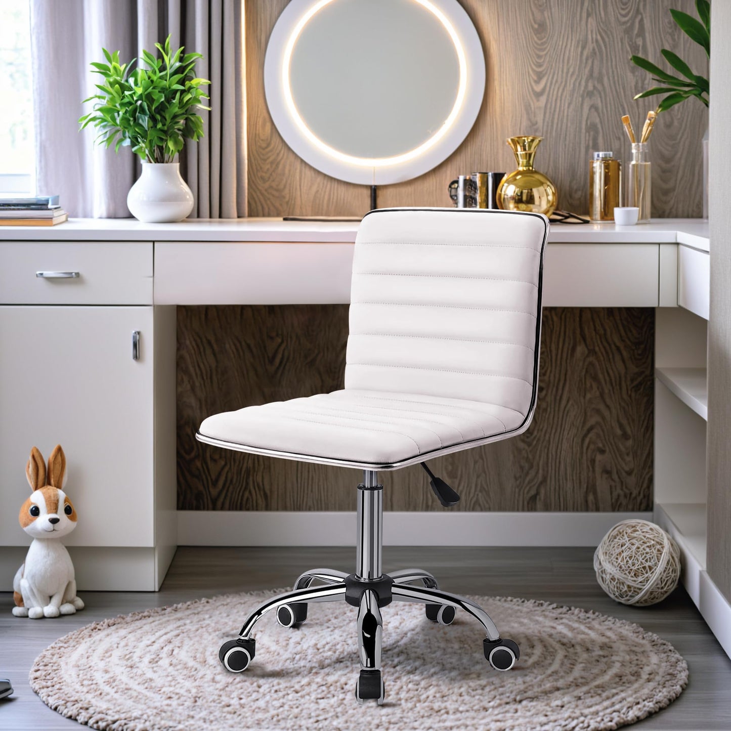 Furmax Mid Back Task Chair,Low Back Leather Swivel Office Chair,Computer Desk Chair Retro with Armless Ribbed (White)