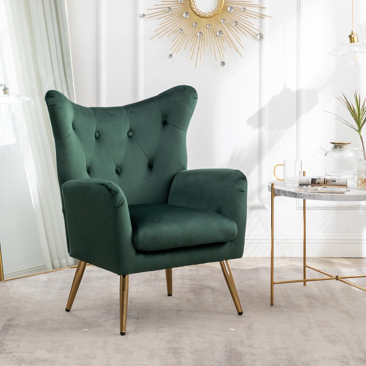 Roundhill Furniture Sovarol Velvet Button-Tufted Wing Back Accent Chair, Green