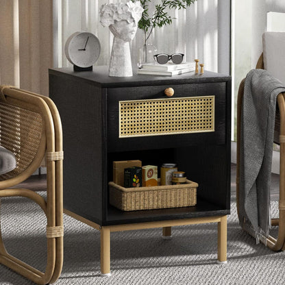 Rattan Nightstand with Drawer - Mid Century Modern Nightstand, Bed Side Table Night Stands for Bedrooms, Boho Nightstand End Table for Living Room, Black