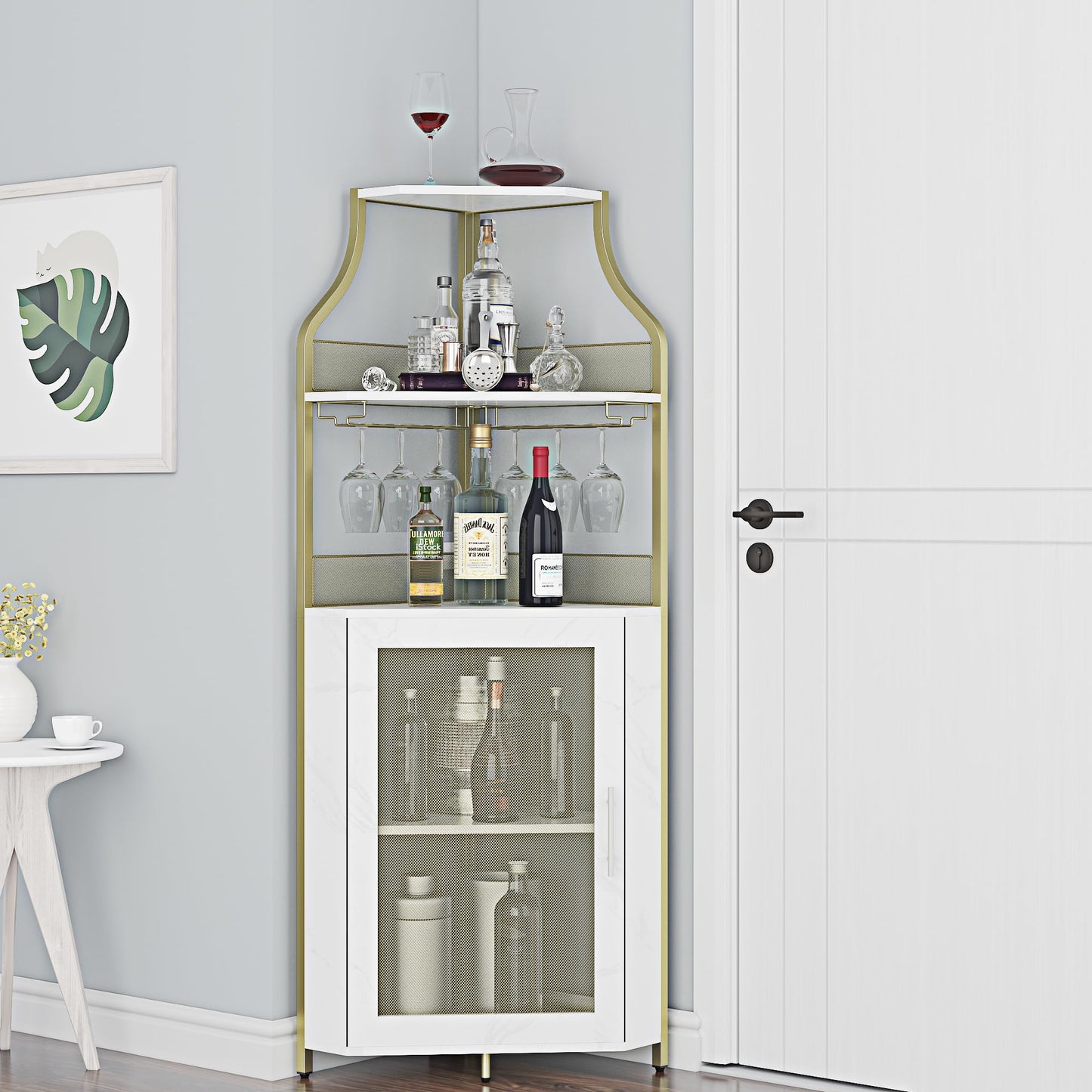 IDEALHOUSE Corner Wine Bar Cabinet with Detachable Wine Rack, Bar Cabinet with Glass Holder, Small Sideboard and Buffet Cabinet with Mesh Door (Grey)