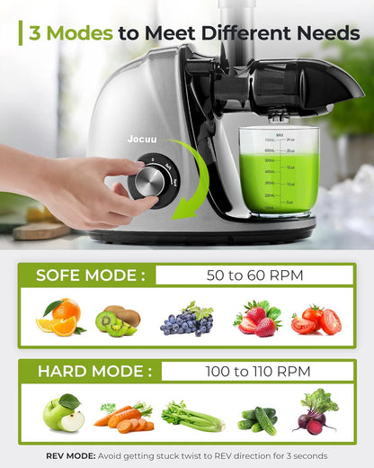 Jocuu Slow Masticating Juicer with Soft/Hard Modes Easy to Clean Quiet Motor & Reverse Function, Cold Press Juicer for Fruit & Vegetable, 90% Juice Yield, with Brush & Recipes (Gray)