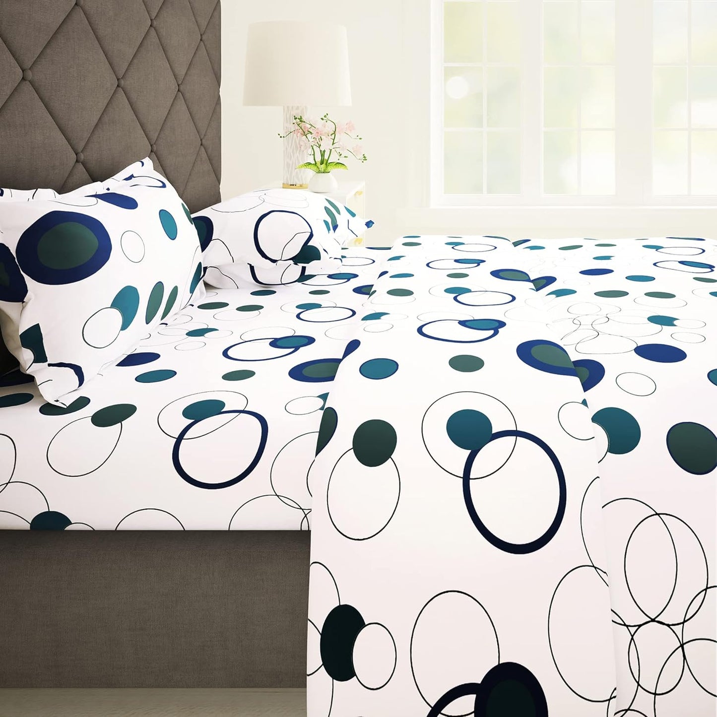 Story at Home 152 TC Flat Bedsheet With 2 Pillow Cover, White, Double Teal and White- 225 cm x 250 cm