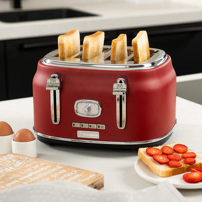 Westinghouse Retro 4-Slice Toaster - Six Adjustable Browning Levels - with Self Centering Function & Crumb Tray - Including Warm Rack for Bread, Bagels, Sandwiches, & Croissants - Red