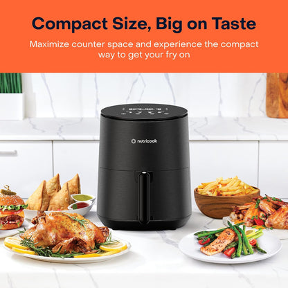 Nutricook Air Fryer Mini, 1500 Watts, Digital Display, Tempered Glass Control Panel, 8 Preset Programs with built-in Preheat function, 3.3 Liters, Black