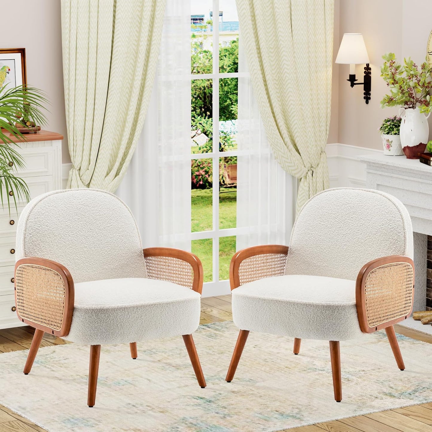 Aklaus Mid Century Modern Accent Chair Armchair with Rattan Arms Upholstered Rattan Hobo Accent Chairs for Living Room Bedroom Balcony Sherpa Teddy Fabric Reading Chairs Side Club Chair White