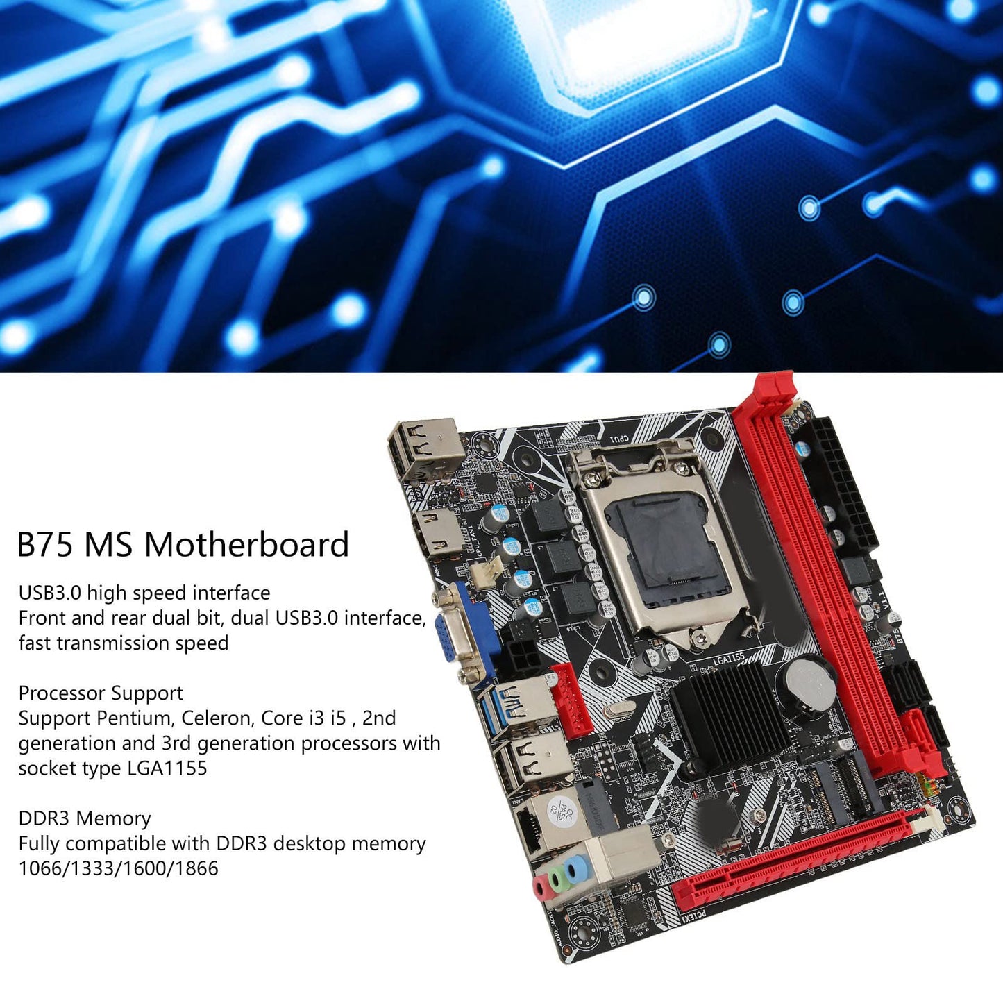 B75 MS Computer Motherboard, LGA 1155 Mainboard Support DDR3 Memory NVME M.2 WiFi M.2 USB3.0 SATA3.0 PCIe 16X VGA and HDMI