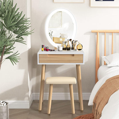 YU YUSING Dressing Table with Lighting, Dressing Table with LED Mirror Chair, Dressing Table, Cosmetic Table with Drawers, Stool Adjustable Brightness, Dressing Table, Vanity, Oak