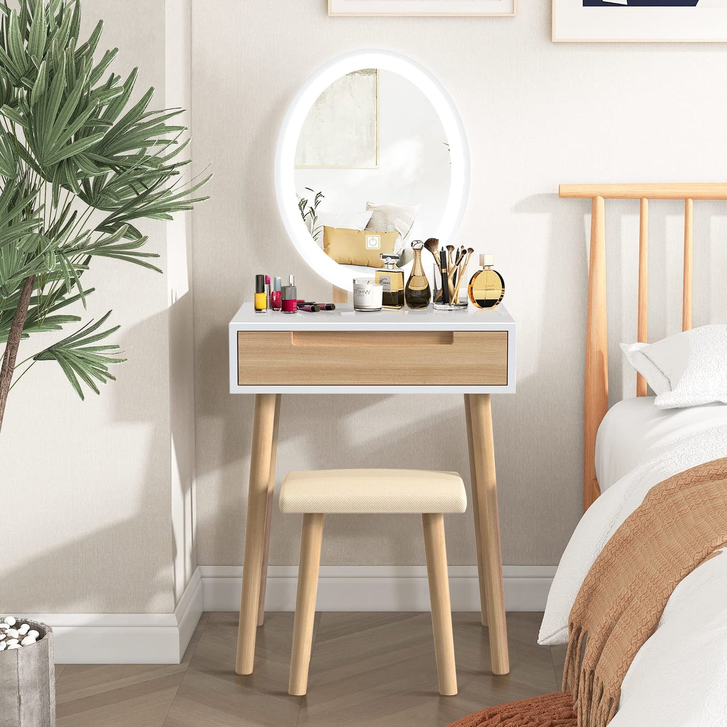 YU YUSING Dressing Table with Lighting, Dressing Table with LED Mirror Chair, Dressing Table, Cosmetic Table with Drawers, Stool Adjustable Brightness, Dressing Table, Vanity, Oak