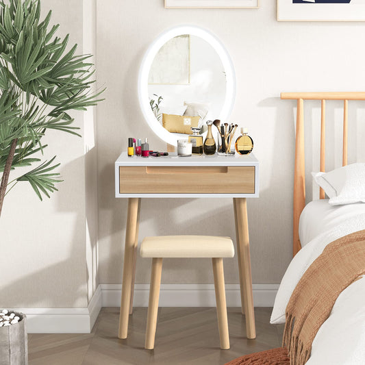 YU YUSING Dressing Table with Lighting, Dressing Table with LED Mirror Chair, Dressing Table, Cosmetic Table with Drawers, Stool Adjustable Brightness, Dressing Table, Vanity, Oak