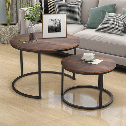 HOJINLINERO Nesting Round Coffee Table Set of 2 End Tables for Living Room,Grey Coffee Table Wooden Accent Furniture with Metal Frame,Stacking Side Tables,Black+Warm Grey