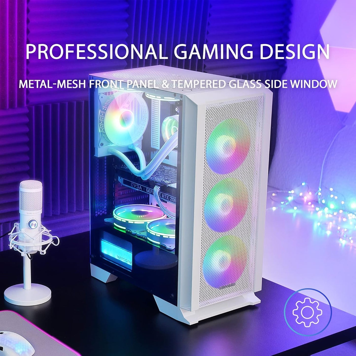 MARSGAMING MCX, ATX PC Gaming Case, Tempered Glass, RGB DUAL Fan, White