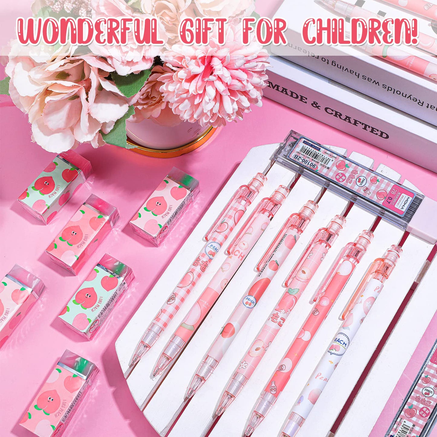 Sabary Kawaii Mechanical Pencil Set Include Peach Mechanical Pencils with Tubes 0.5 mm Pencil Refills and Cute Juice Peach Erasers School Supplies for Sketching Architecture Drawing (15 Pcs)