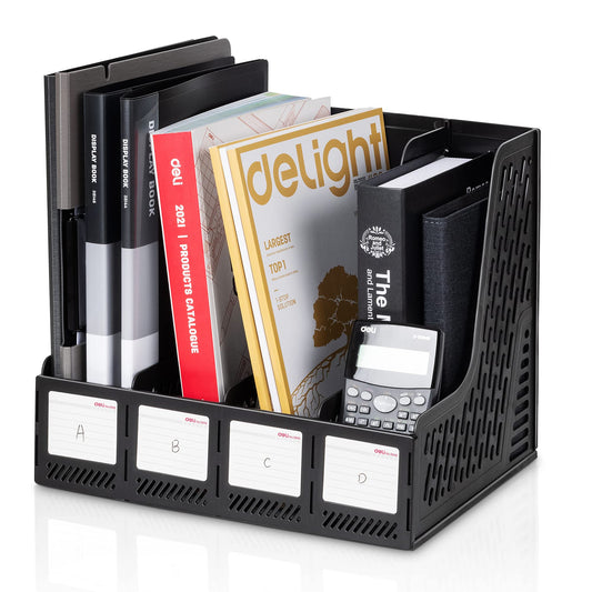 Deli Magazine File Holder, Desk Organizer Folder for Office Organization and Storage, Sturdy Plastic Binder Organizer, 4 Vertical Compartments, Black