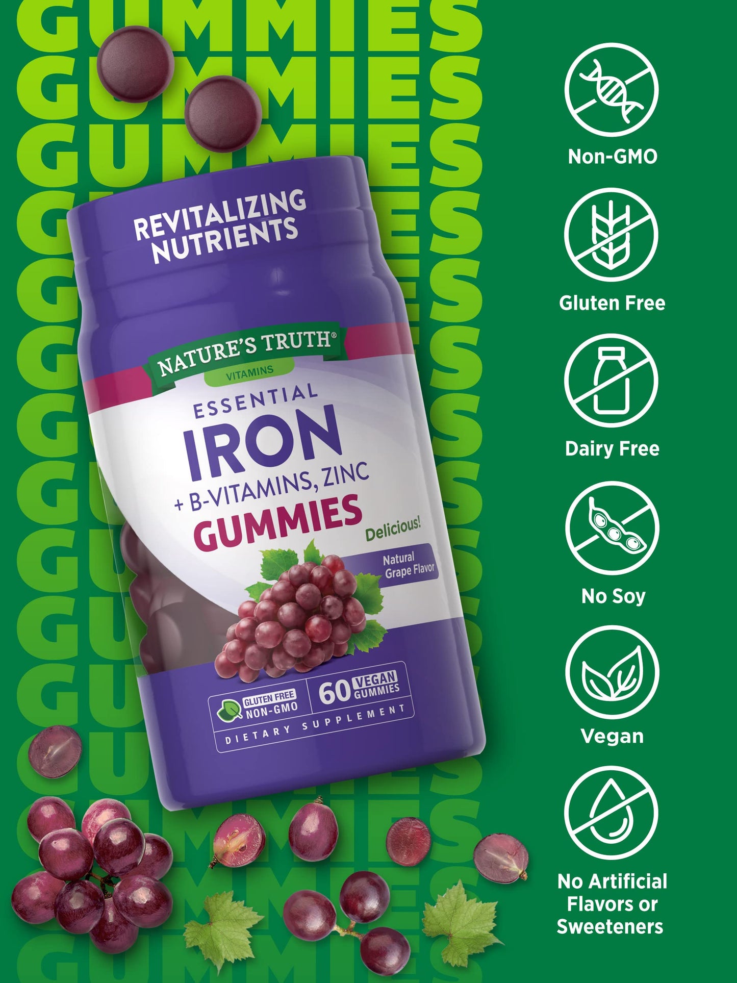 Iron Gummies | 60 Count | Vegan, Non-GMO & Gluten Free Supplement | with Zinc & B Vitamins | Grape Flavor | by Natures Truth