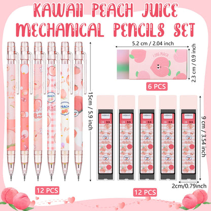 Sabary Kawaii Mechanical Pencil Set Include Peach Mechanical Pencils with Tubes 0.5 mm Pencil Refills and Cute Juice Peach Erasers School Supplies for Sketching Architecture Drawing (15 Pcs)