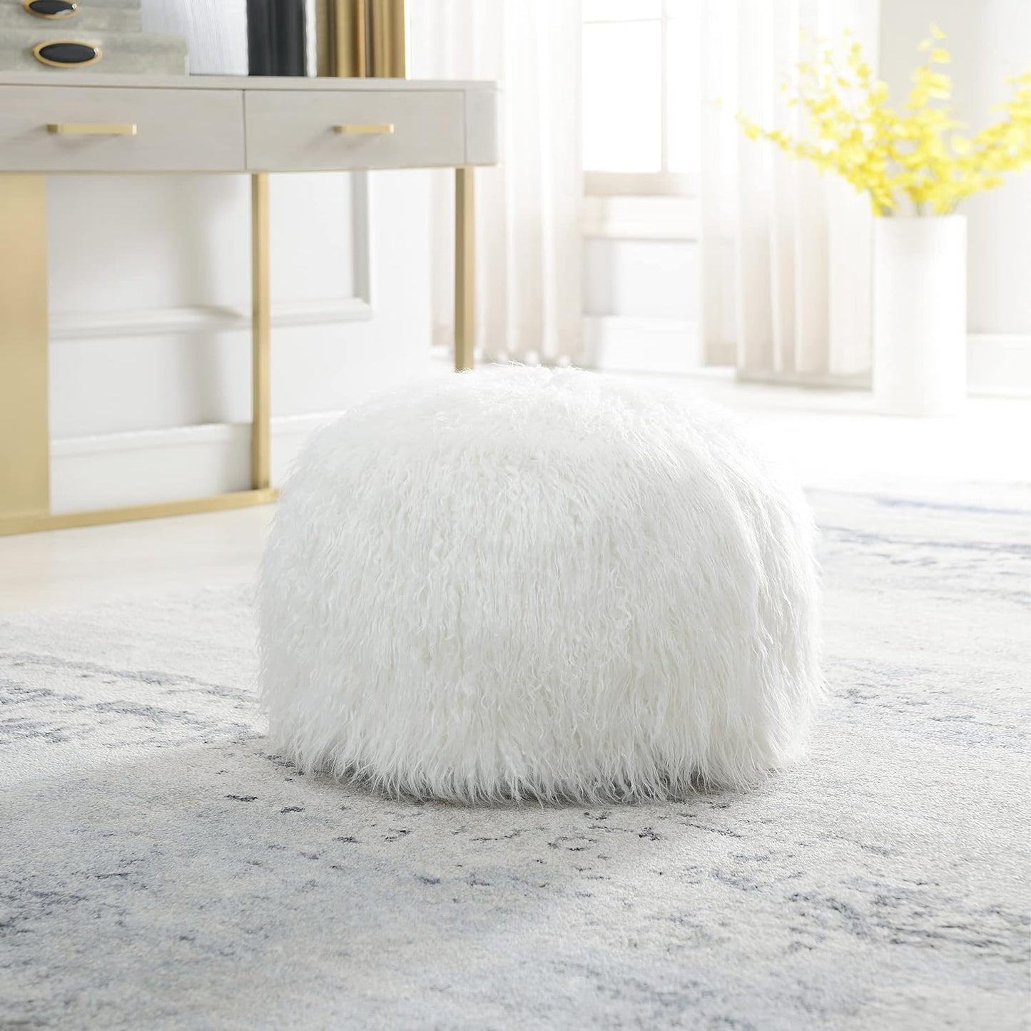 Comfortland Faux Fur Ottoman Stool (Empty & New), Fuzzy Pouf Cover, Fluffy Poof Ottomans, Furry Unstuffed Foot Rest with Storage for Living Room, Bedroom, or Gifts White