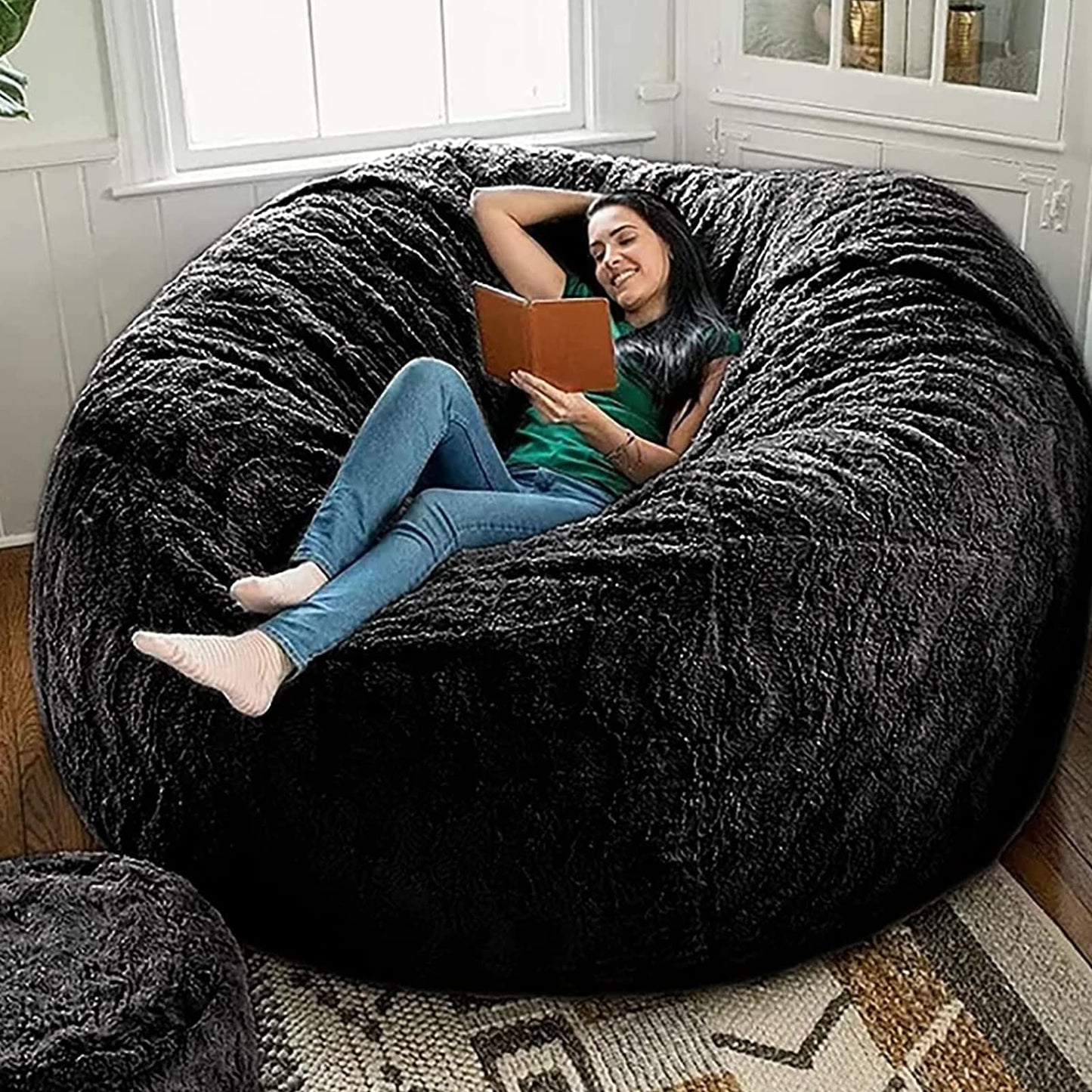 OACEVOZ Giant, Soft Fluffy Fur Bean Bag Chair Cover for Adults (Cover ONLY, NO Filler) 7ft Black Big Bean Bag Bed Oversized Lazy Bean Bag Couch