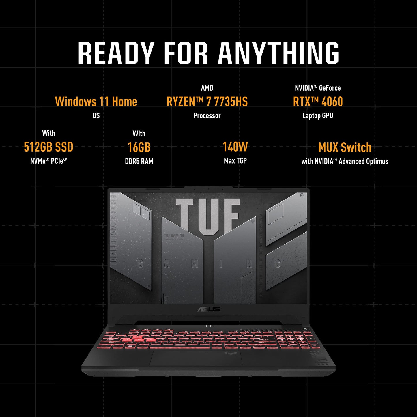 AsUS Tuf Dash A15 Gaming Fa507Rc-Hn018W (Jaeger Gray) Laptop, R7-6800H 16Gb 512Gb Ssd, Nv Rtx3050, Win11 Home, 15.6" Fhd 1920X1080 16:9 144Hz, Hd Webcam, Backlit-Rgb-Eng-Arb-Kb (Upgraded) - CaveHubs