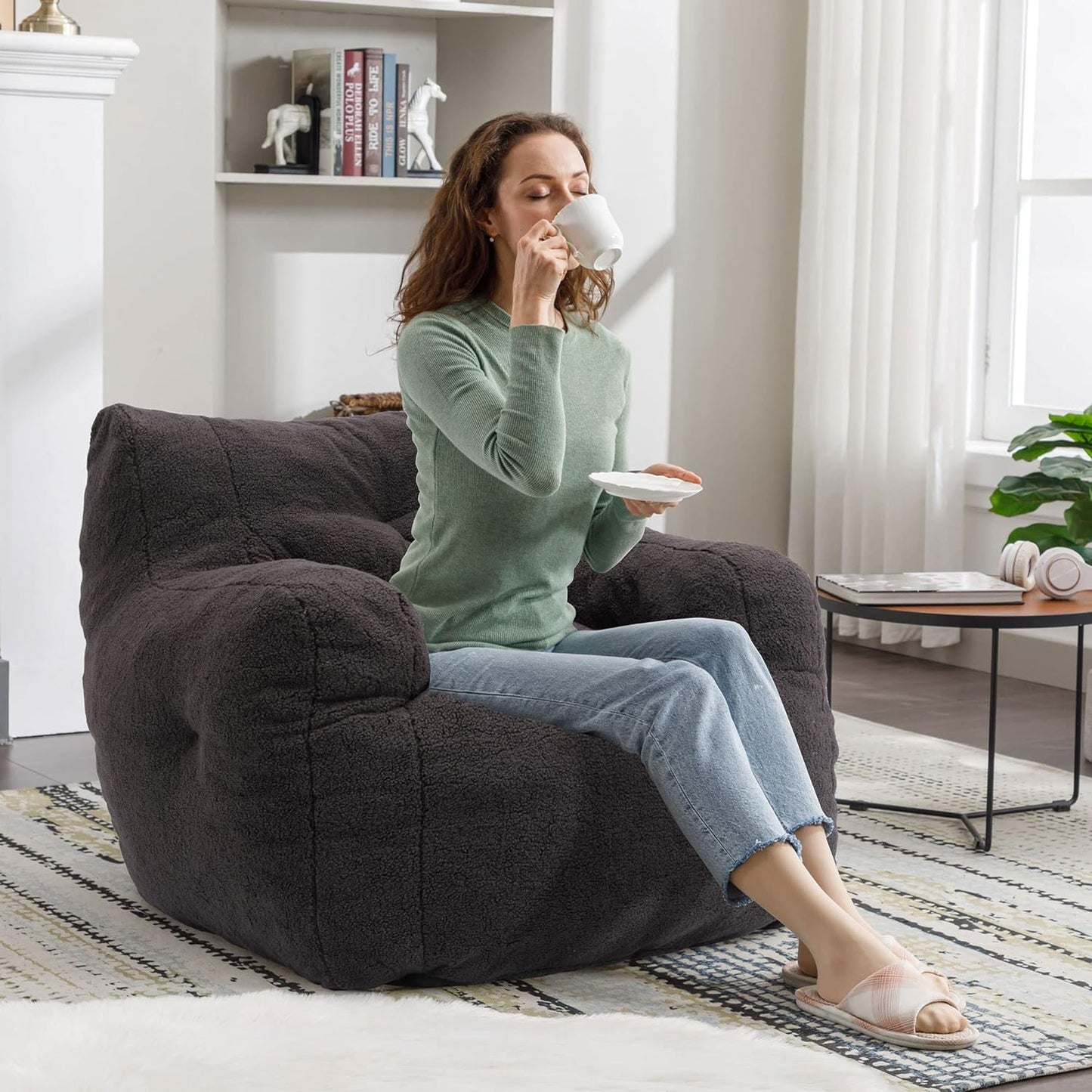 Recaceik Bean Bag Chairs, Tufted Soft Stuffed Bean Bag Chair with Filler, Fluffy Lazy Sofa, Imperial Lounger Giant Bean Bag Chair for Bedroom, Living Room, Dark Black