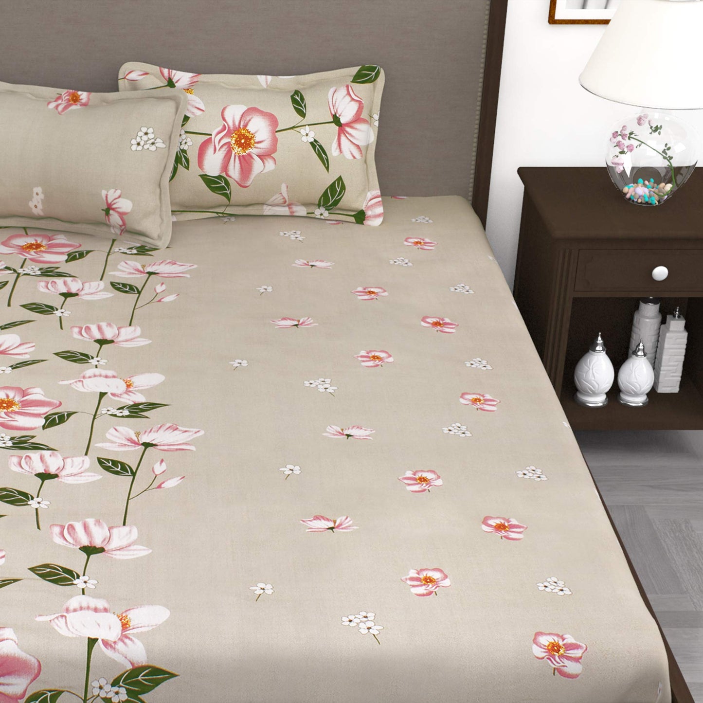 Story@Home Forever XL 300 TC 100% CottonSolid Pattern King size Bedsheet With 2 Pillow Cover, Sepia Beige