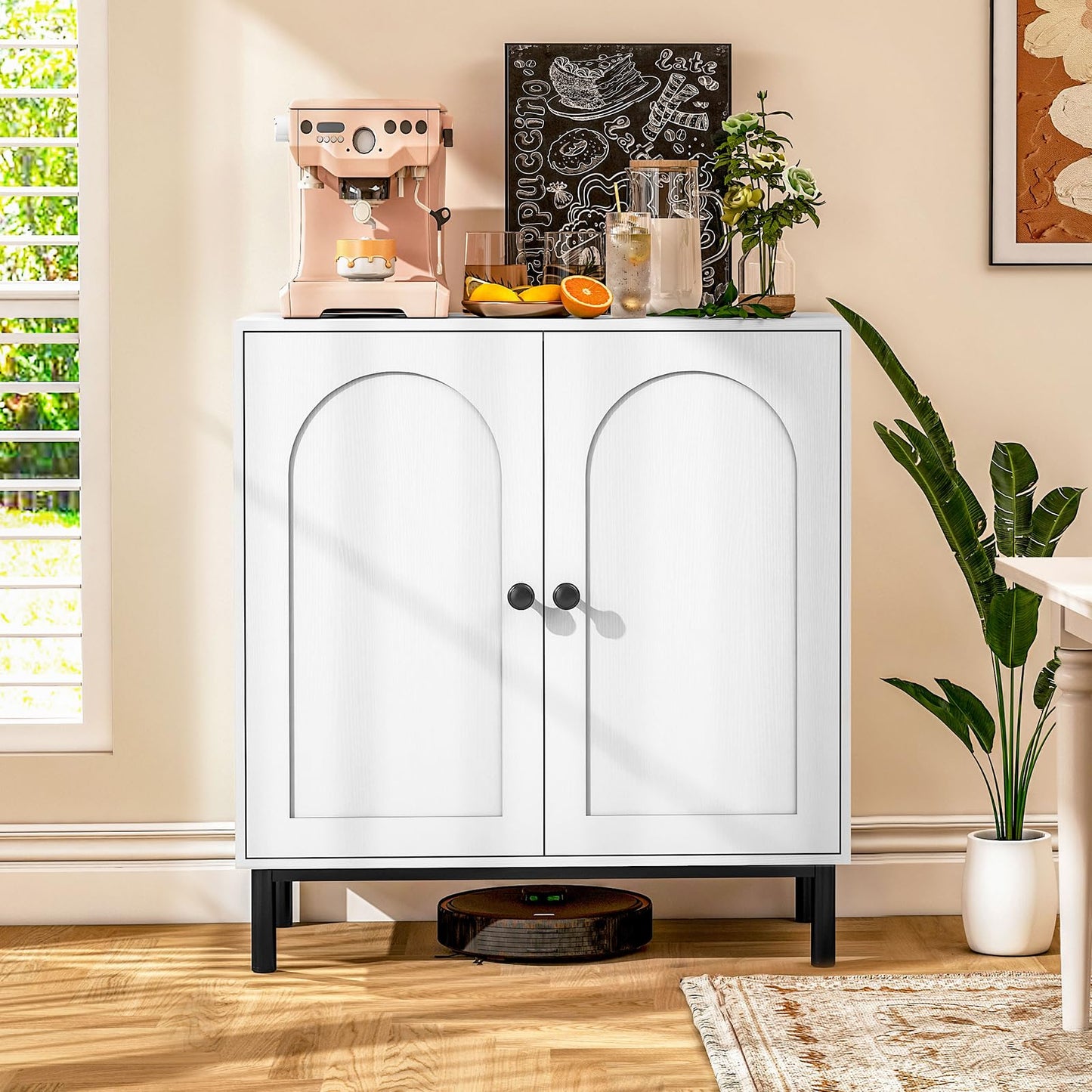 WEENFON Bathroom Storage Cabinet, Sideboard Buffet Cabinet with Shelf & Doors, Modern Accent Cabinet with Solid Wood Feet, Multifunctional Cupboard for Living Room, Dining Room, Entryway, White