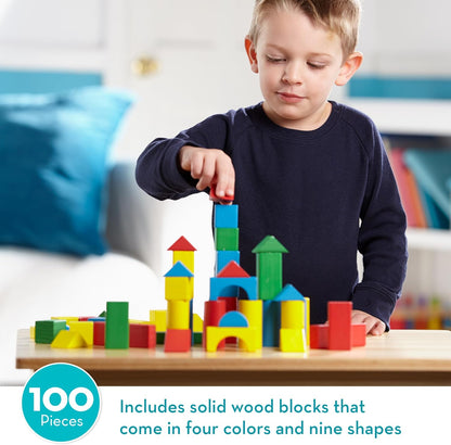 Melissa & Doug Wooden Building Blocks Set - 100 In 4 Colors And 9 Shapes