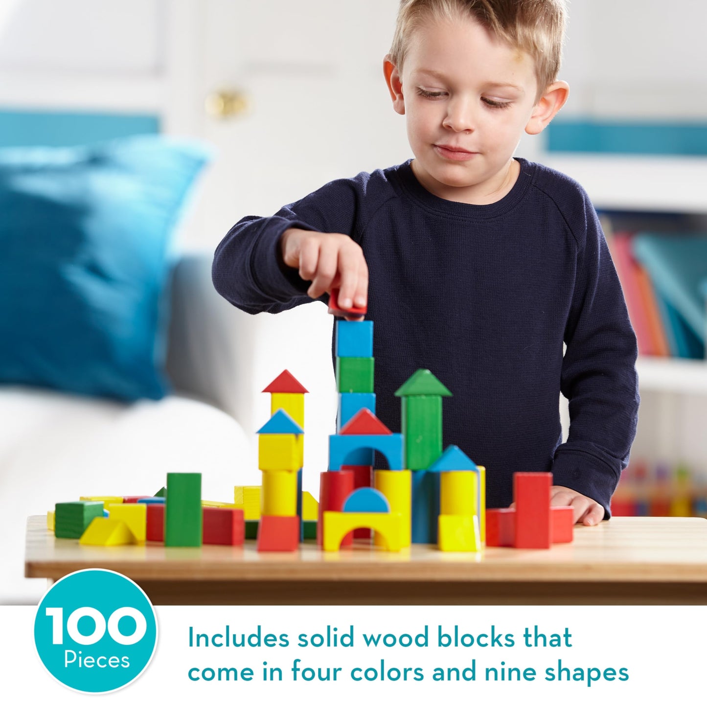 Melissa & Doug Wooden Building Blocks Set - 100 In 4 Colors And 9 Shapes