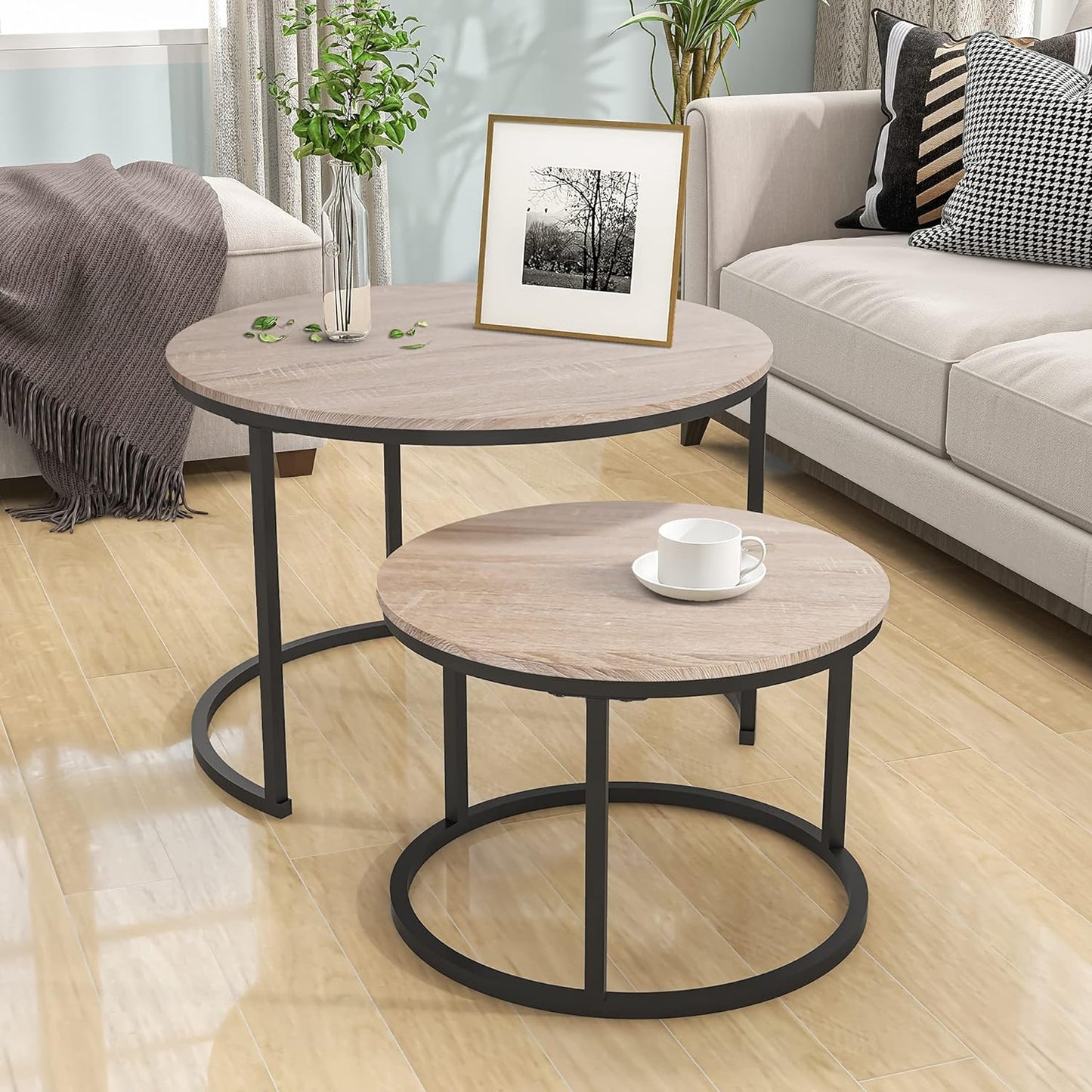 HOJINLINERO Nesting Round Coffee Table Set of 2 End Tables for Living Room,Grey Coffee Table Wooden Accent Furniture with Metal Frame,Stacking Side Tables,Black+Warm Grey