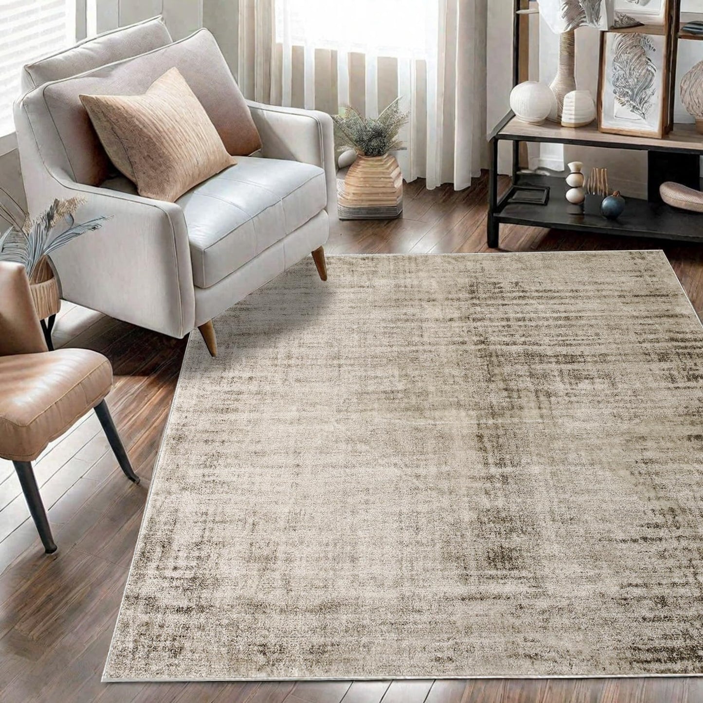 Calore Abstract Area Rugs Modern Carpet Soft Living Room Rug Large Washable Shaggy Rugs for Living Room Bedroom Dining Room Indoor Home Decor (Abstract Beige Grey/Light Brown, 120 x 160 cm)