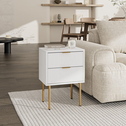 Aobafuir Nightstand, 2 Drawer Dresser for Bedroom, Small Side Table with 2 Drawers, Bedside Furniture, Night Stand, End Table with Gold Frame for Bedroom, Living Room, White Stripe