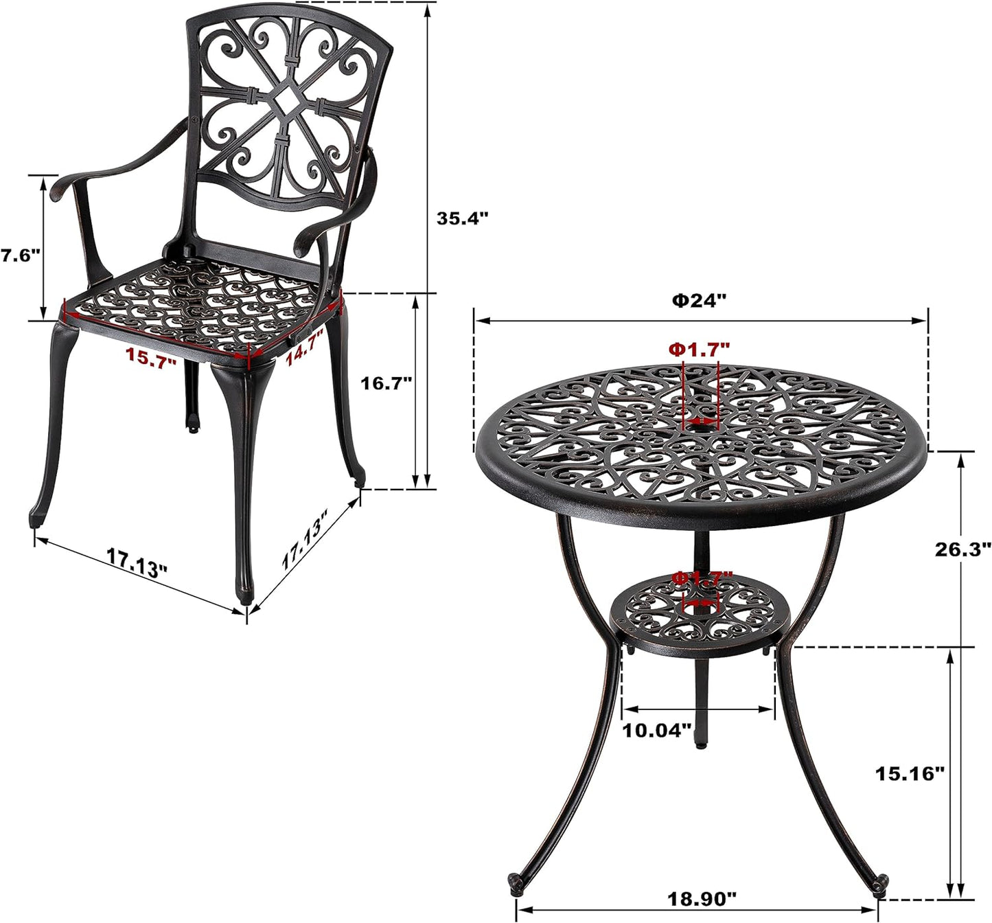 Nuu Garden Bistro Set 3 Piece Outdoor, Cast Aluminum Patio Bistro Sets with Umbrella Hole, Bistro Table and Chairs Set of 2 for Patio Backyard