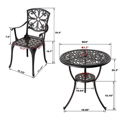 NUU GARDEN Bistro Set 3 Piece Outdoor All Weather Cast Aluminum Patio Bistro Set Patio Table and Chairs Set of 2 with Umbrella Hole and Grey Cushions for Backyard, Balcony, Lawn, Black