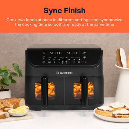 Nutricook Air Fryer Duo 2 by Caliber Brands, 8.5L Independently Controlled Dual Baskets, Air Fry, Bake, Roast, Broil, Reheat & Dehydrate, 6 Presets, AFD185, Black, 2400 Watts, 2 Year Warranty