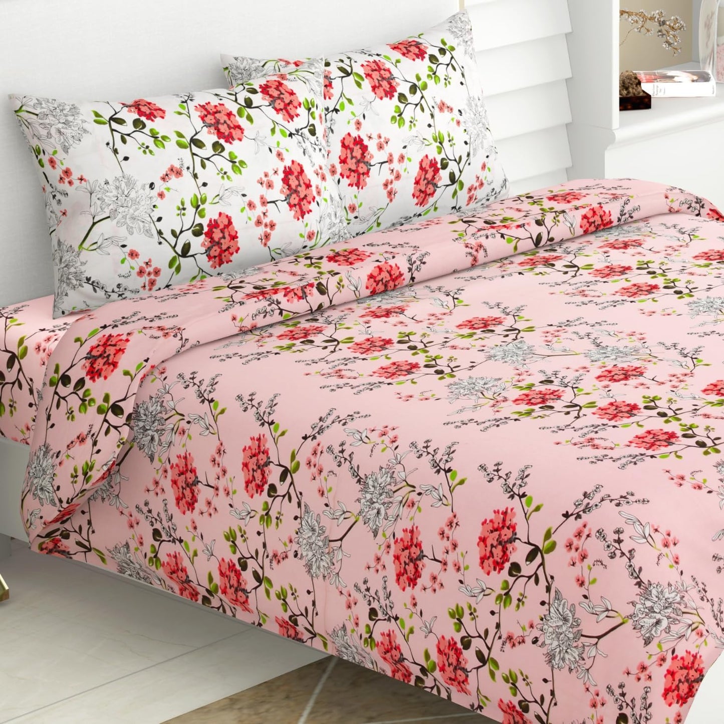 haus & kinder Victorian Summer Dream 100% Cotton Double Bedsheet with 2 Pillow Covers, 186 TC, Size 250 cm by 220 cm (Pink 1)