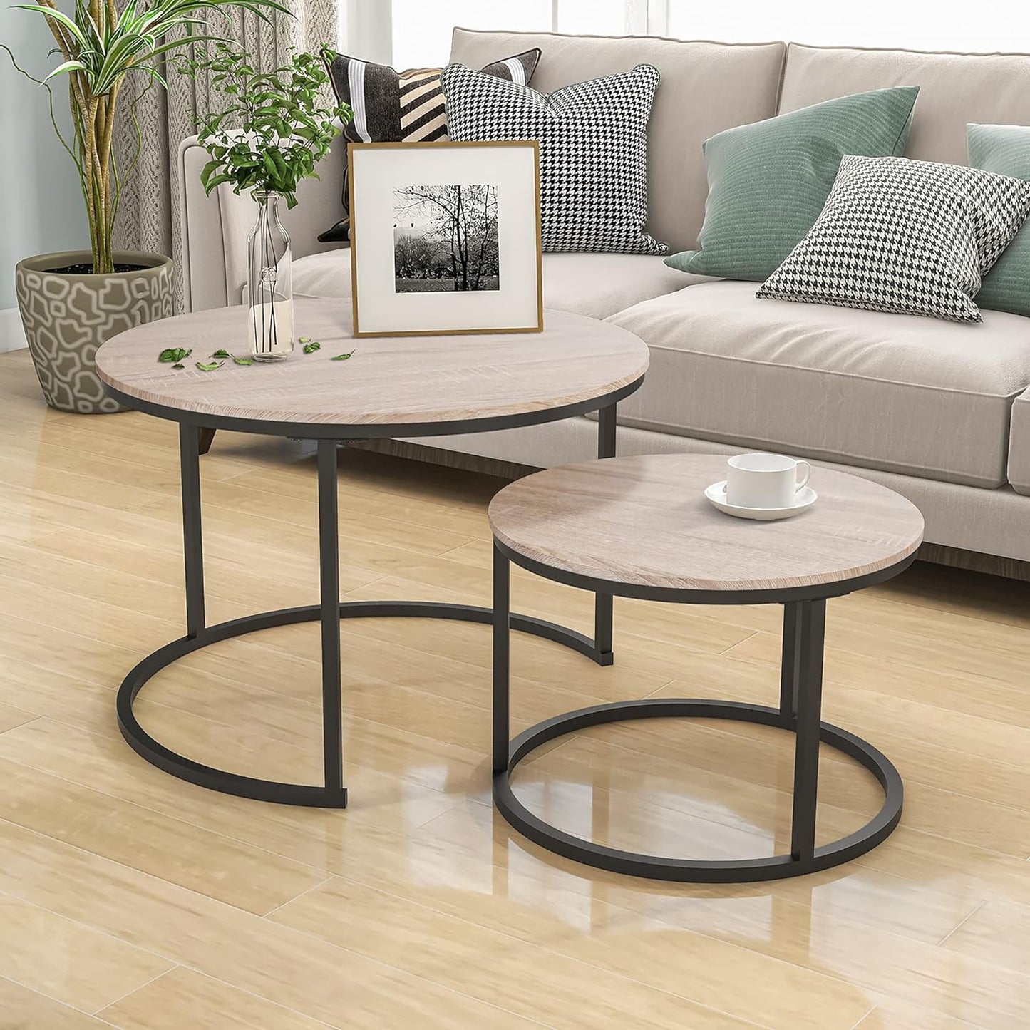 HOJINLINERO Nesting Round Coffee Table Set of 2 End Tables for Living Room,Grey Coffee Table Wooden Accent Furniture with Metal Frame,Stacking Side Tables,Black+Warm Grey