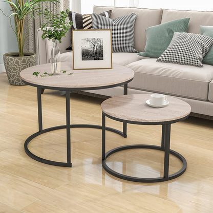 HOJINLINERO Nesting Coffee Table Round Set of 2 End Tables for Living Room,Industrial Stacking Side Tables,Wood Look Accent Furniture with Metal Frame End Table for Bedroom Decorations,Black+Brown