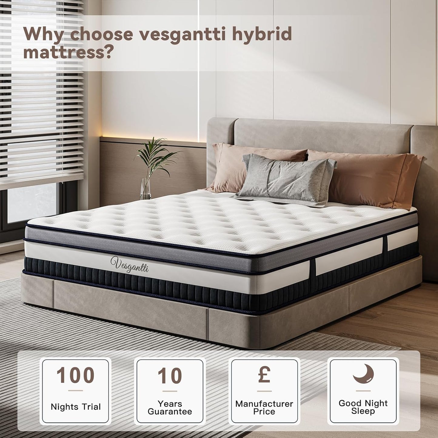 Vesgantti 120x200 Mattress, 26cm Pocket Sprung Mattress with Breathable Foam and Individually Wrapped Spring - Medium Firm Feel, Classic Box Top Collection…