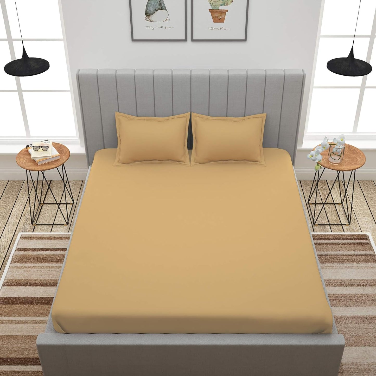 Story@Home Forever XL 300 TC 100% CottonSolid Pattern King size Bedsheet With 2 Pillow Cover, Sepia Beige