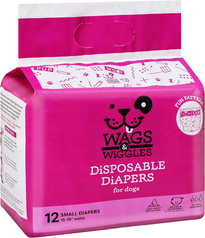 Wags & Wiggles Female Dog Diapers | Doggie Diapers for Female Dogs | Medium Dog Diapers, 16.5"-21" Waist - 12 Pack